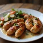 Finished dish of juicy air fryer chicken sausages, beautifully garnished, perfect for delicious meals.