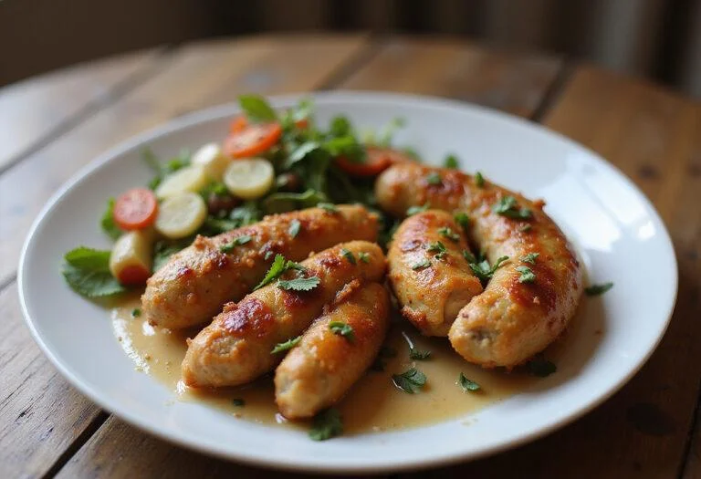 Finished dish of juicy air fryer chicken sausages, beautifully garnished, perfect for delicious meals.