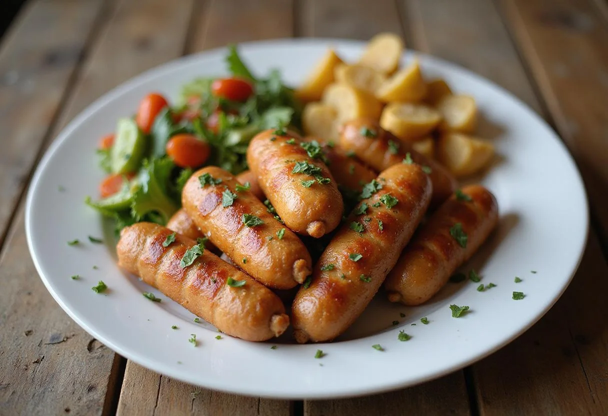 Finished dish of juicy air fryer chicken sausages, beautifully garnished, perfect for delicious meals.