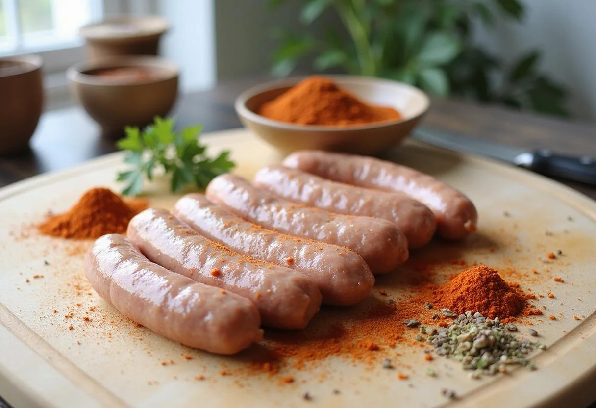 Fresh chicken sausage links ready for seasoning in a bright kitchen, ideal for air fryer recipes.