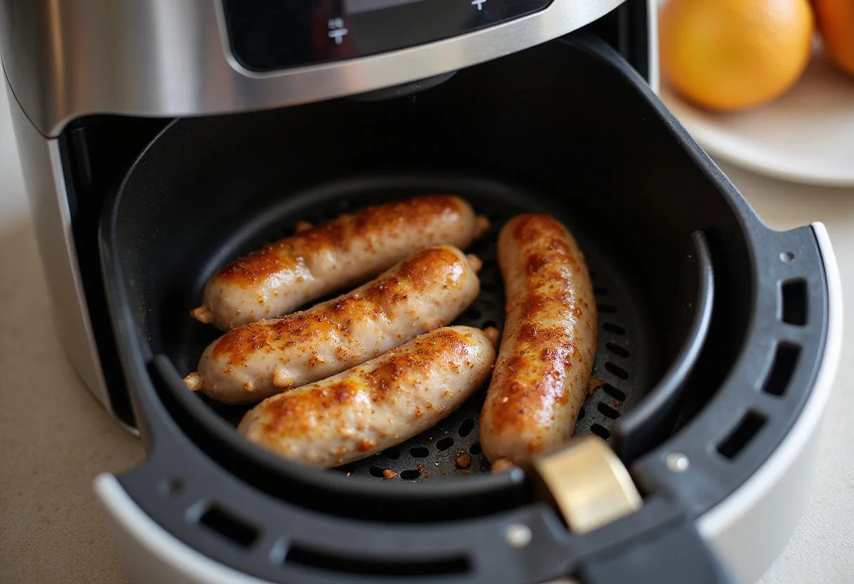 Seasoned chicken sausage links placed in the air fryer basket, perfect for air frying.