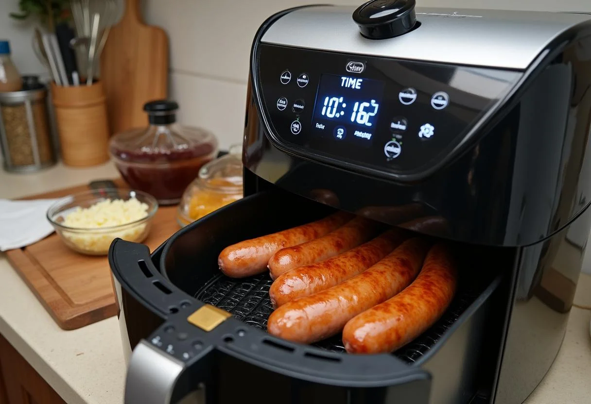 Air fryer in action, cooking chicken sausages for a delicious meal, showcasing the cooking process.