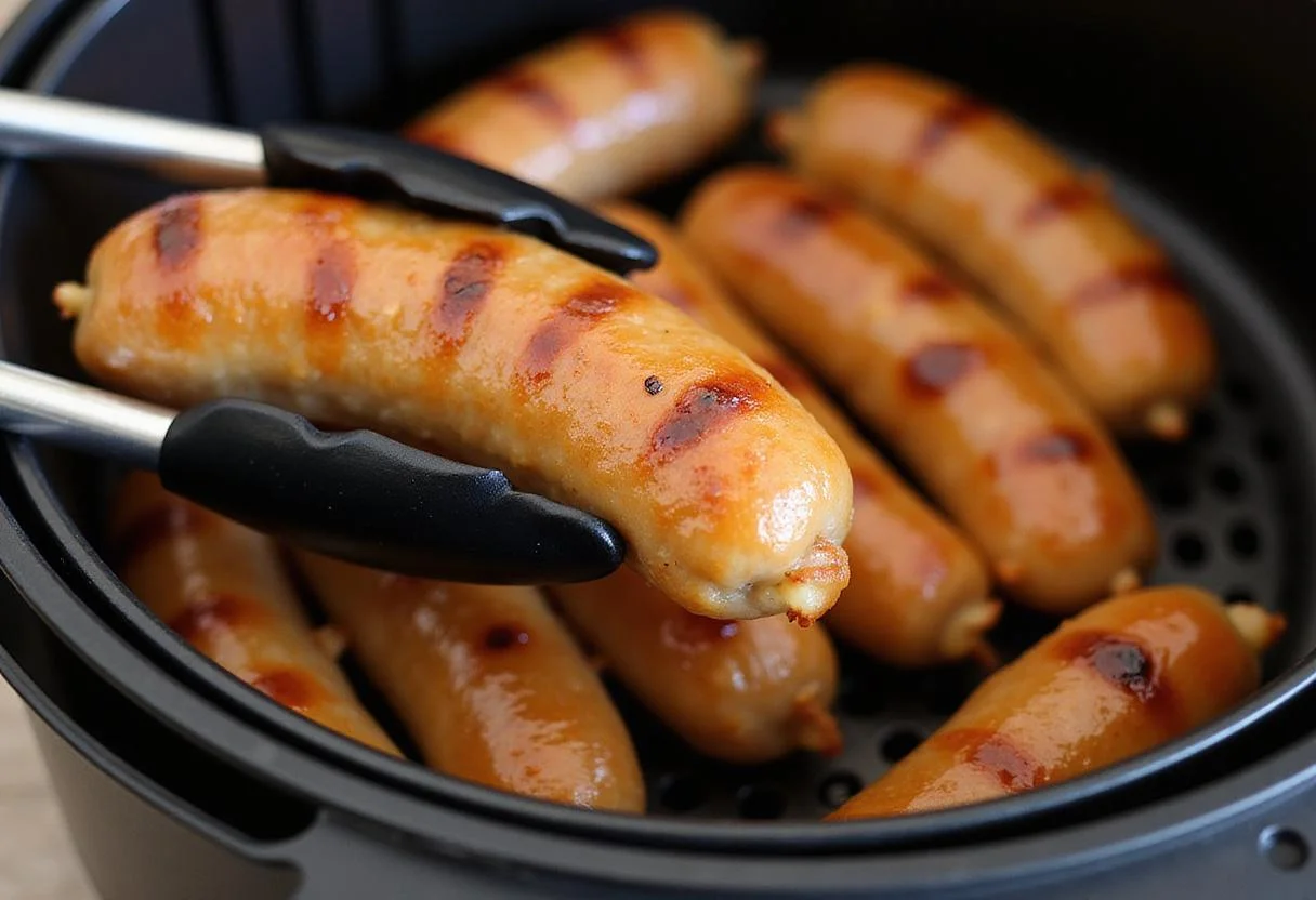 Crispy chicken sausage being taken out from the air fryer, demonstrating the delicious outcome of air frying.