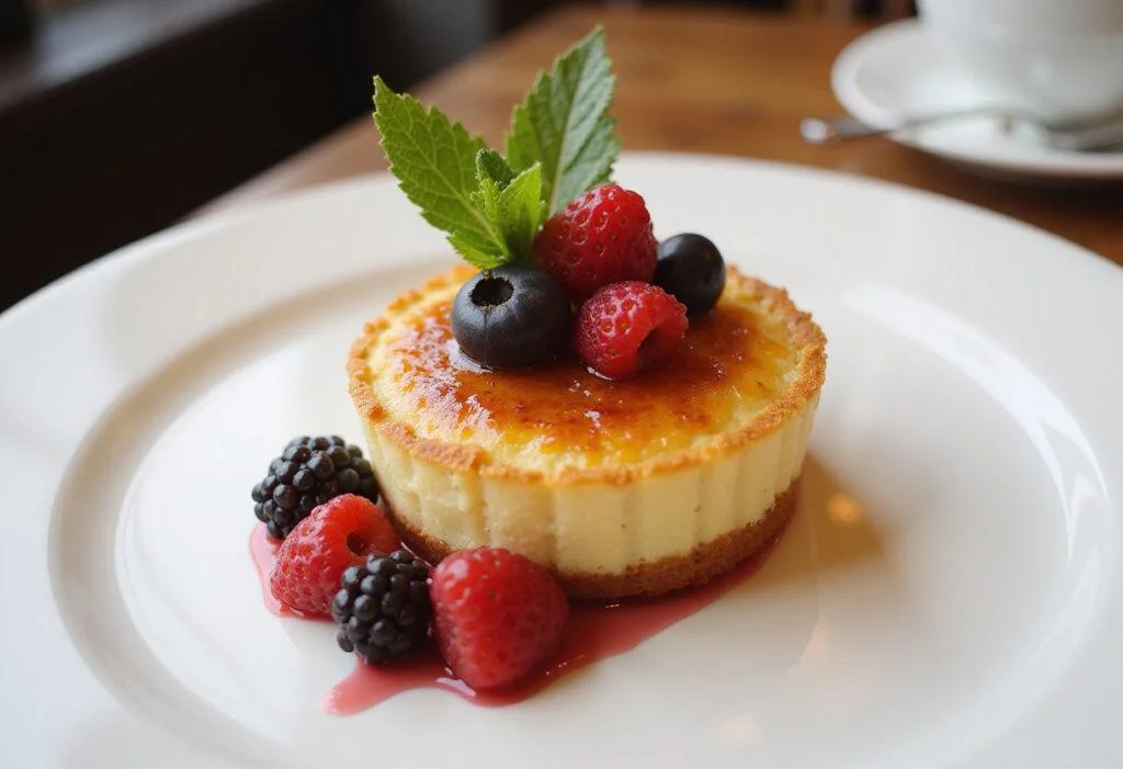 Final presentation of a delectable creme brulee cupcake, featuring a glossy caramelized sugar top, fresh berries, and mint garnish, showcasing a delightful dessert.