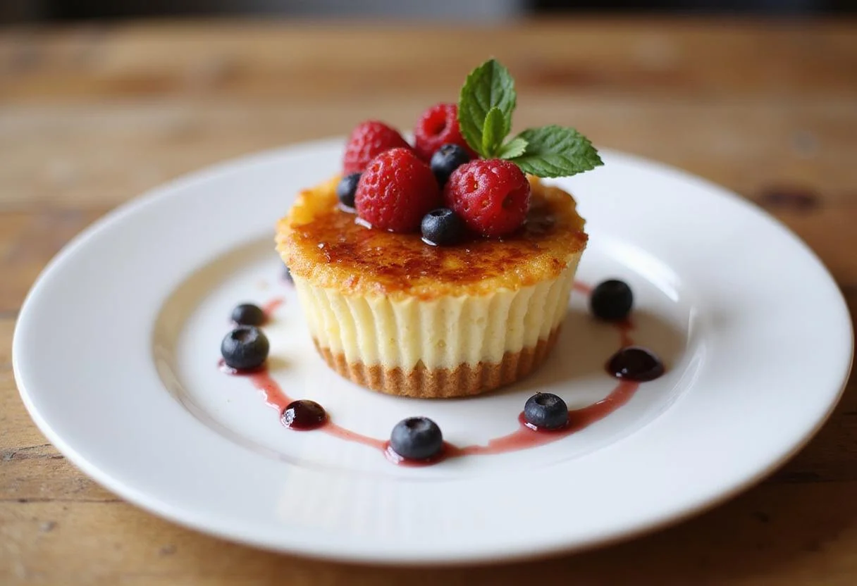 Final presentation of a delectable creme brulee cupcake, featuring a glossy caramelized sugar top, fresh berries, and mint garnish, showcasing a delightful dessert.