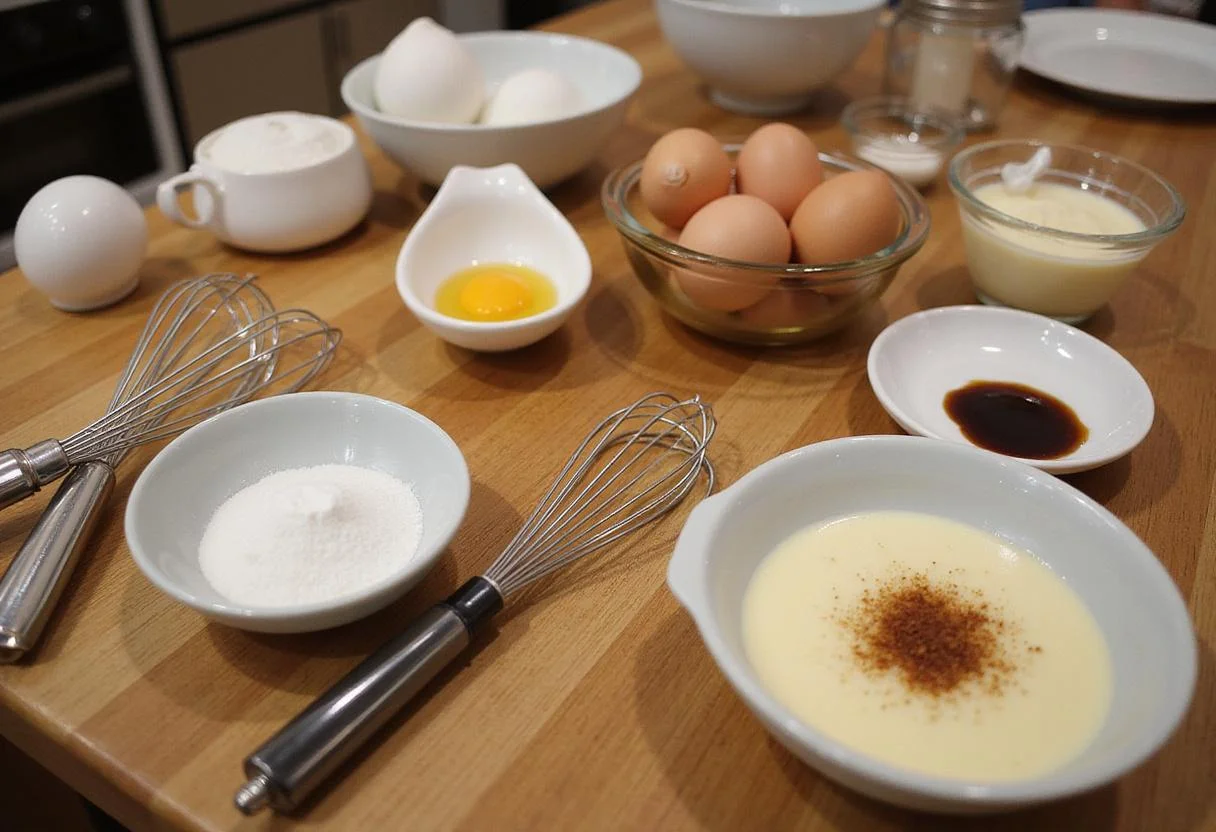 Ingredients for creme brulee cupcakes arranged on a wooden table, featuring eggs, cream, sugar, and vanilla, perfect for a baking session.