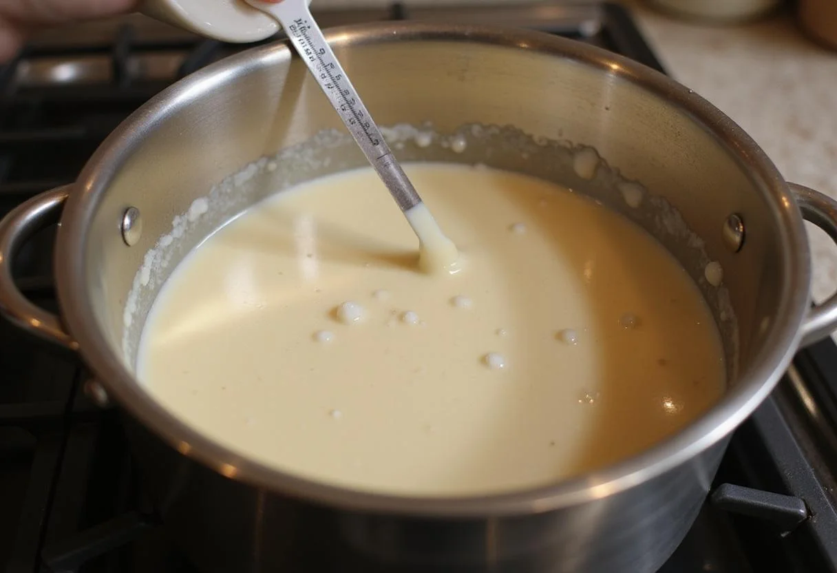 Cream and sugar mixture heating on the stove for creme brulee cupcakes, perfect for achieving the ideal temperature in baking.