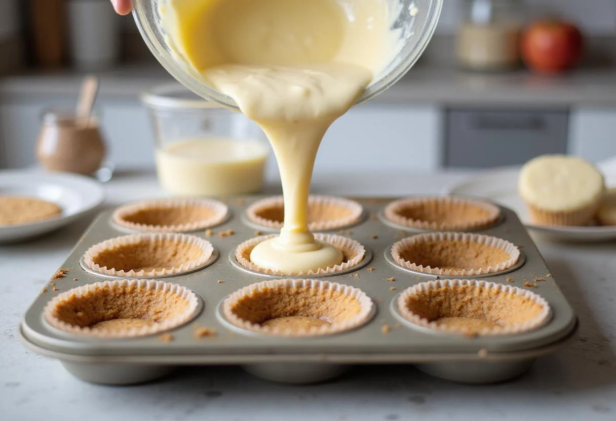 Pouring the creamy mixture into cupcake liners for creme brulee cupcakes, showcasing the preparation process in a sunny kitchen.