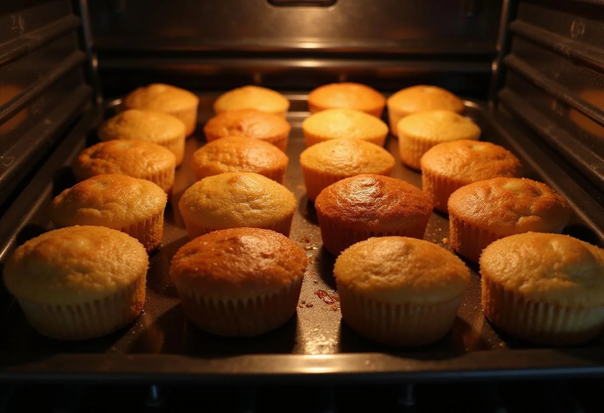 Caramelizing sugar on top of cupcakes in a broiler for creme brulee cupcakes, a key step in creating the delightful dessert.