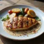 A beautifully presented dish of grilled chicken breast with aleppo pepper alternative, served with roasted vegetables on a rustic wooden table, perfect for showcasing flavors in cooking.