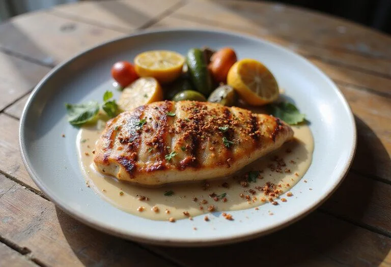 A beautifully presented dish of grilled chicken breast with aleppo pepper alternative, served with roasted vegetables on a rustic wooden table, perfect for showcasing flavors in cooking.
