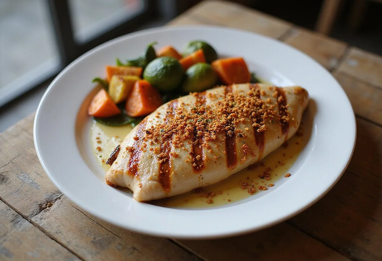A beautifully presented dish of grilled chicken breast with aleppo pepper alternative, served with roasted vegetables on a rustic wooden table, perfect for showcasing flavors in cooking.