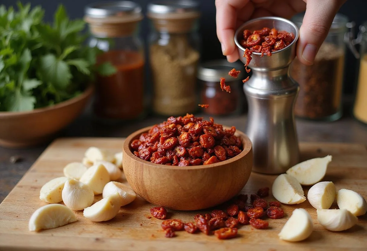 Grinding dried red chili peppers to create an aleppo pepper alternative in a cozy kitchen, showcasing the vibrant spices and herbs.