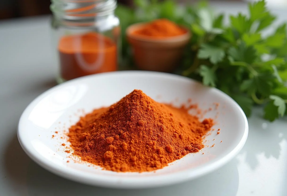 Preparing a homemade aleppo chili pepper substitute by mixing crushed red chili peppers, paprika, and salt on a white plate, with a charming kitchen setting.