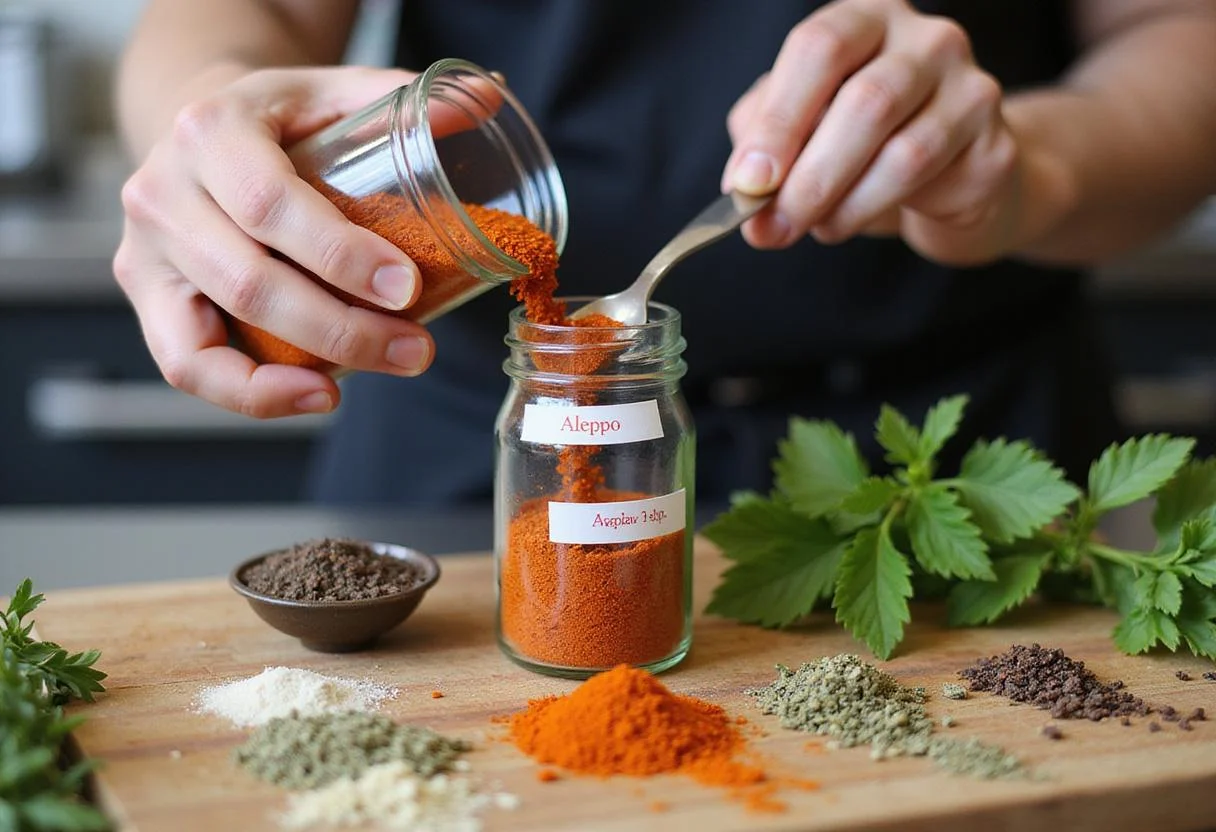 Storing a flavorful aleppo pepper alternative in a glass spice jar, showcasing the colorful herbs and an organized kitchen counter.