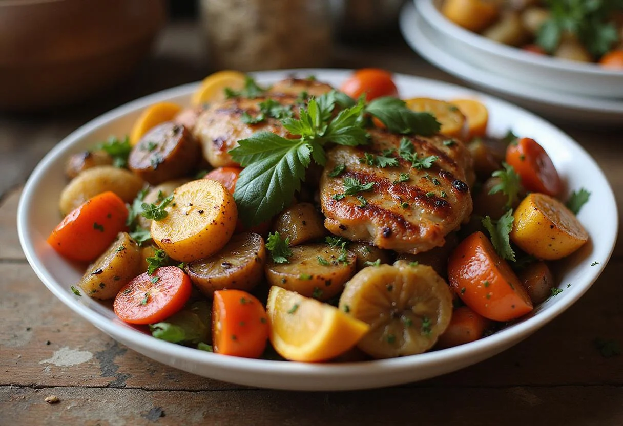 Delicious dishes flavored with an aleppo chili pepper substitute, including grilled meats and roasted vegetables garnished with fresh herbs, evoking a warm dining atmosphere.