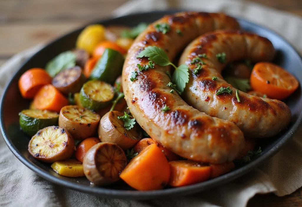 Deliciously presented aromatic fennel sausage links on a platter alongside roasted vegetables, perfect for a hearty meal.
