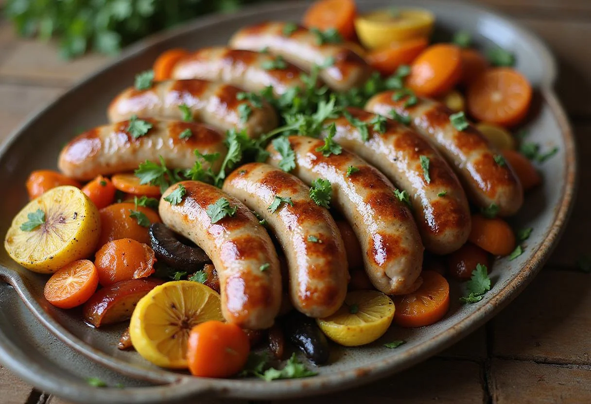 Deliciously presented aromatic fennel sausage links on a platter alongside roasted vegetables, perfect for a hearty meal.