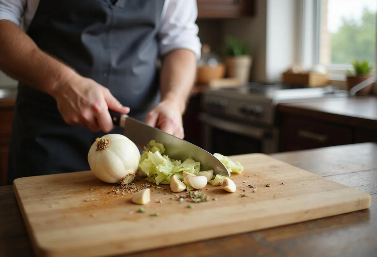 Finely chopped fennel bulb and garlic for aromatic fennel sausage links preparation in a cozy kitchen atmosphere.