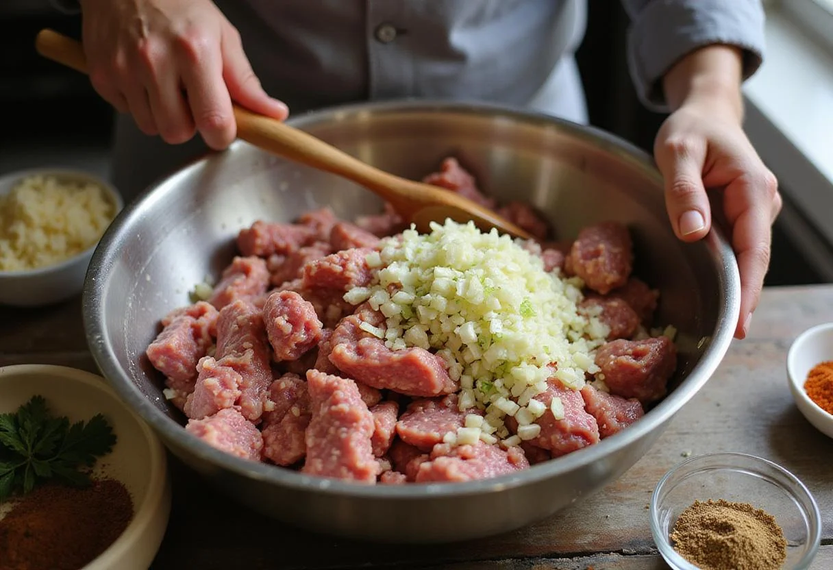 Mixing ground pork with chopped fennel and garlic to create flavorful fennel sausage links in a well-lit kitchen.