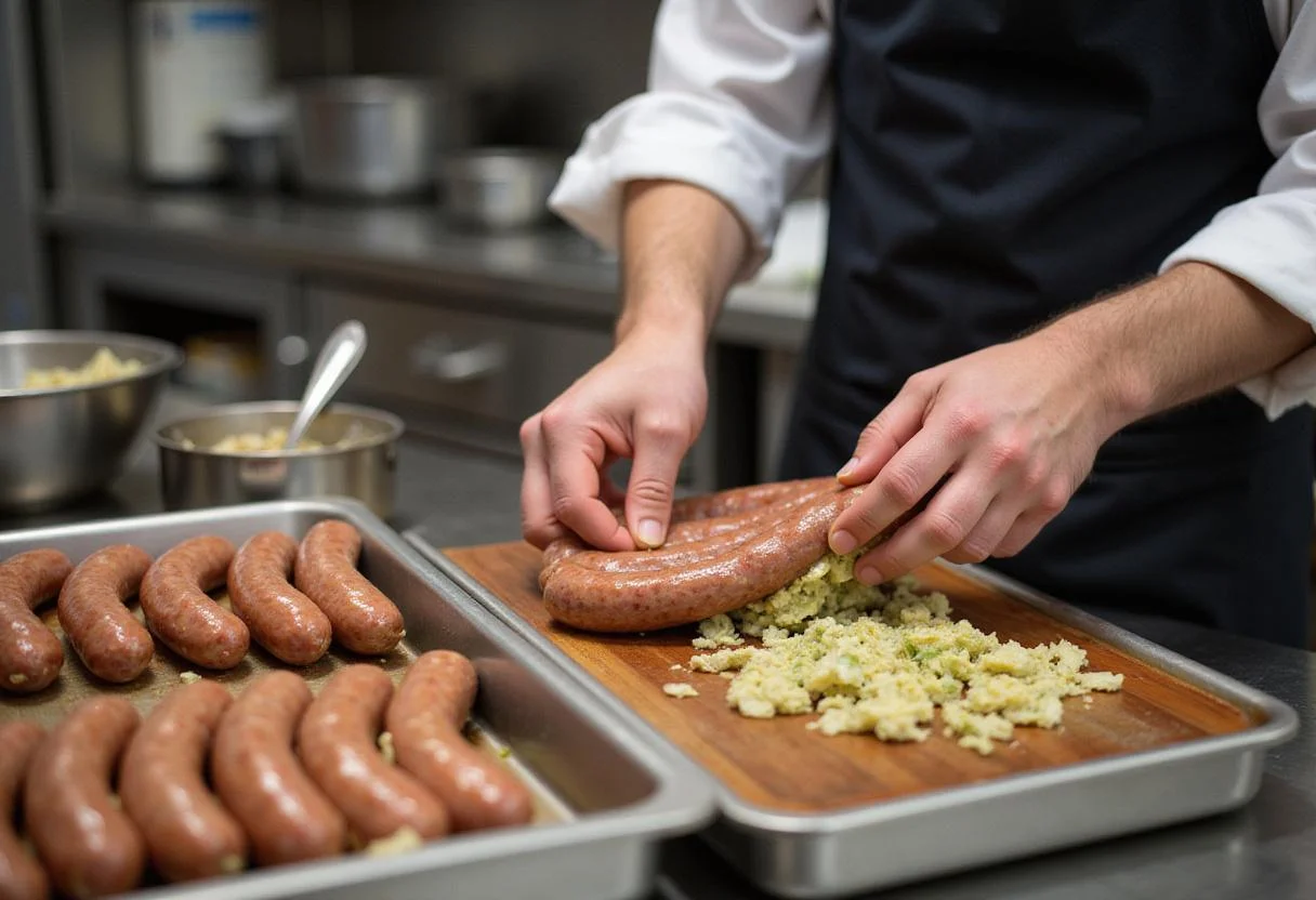 Stuffing aromatic fennel sausage links into natural casings showcasing the preparation process in a neat kitchen.