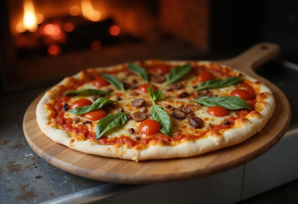 Delicious authentic Italian pizza made from DeLallo pizza dough kit, beautifully presented on a wooden peel.