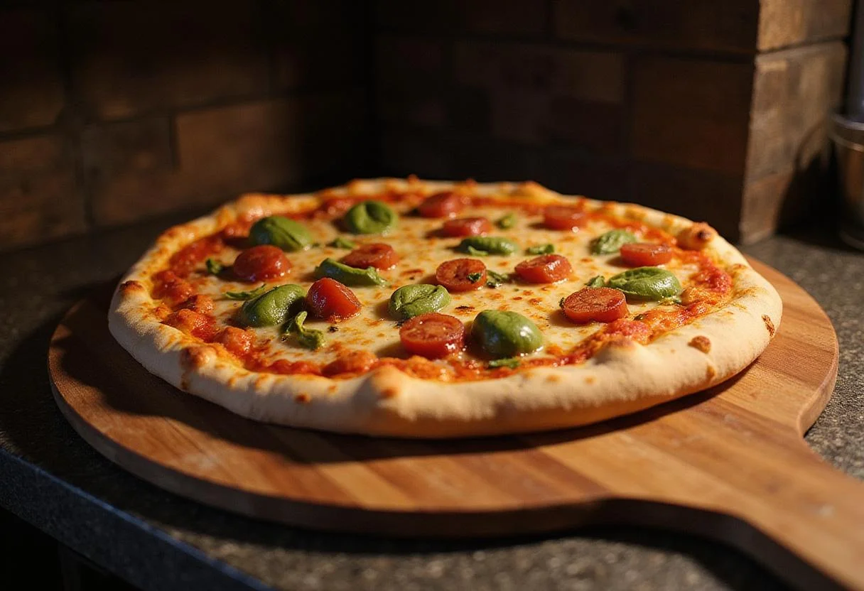 Delicious authentic Italian pizza made from DeLallo pizza dough kit, beautifully presented on a wooden peel.