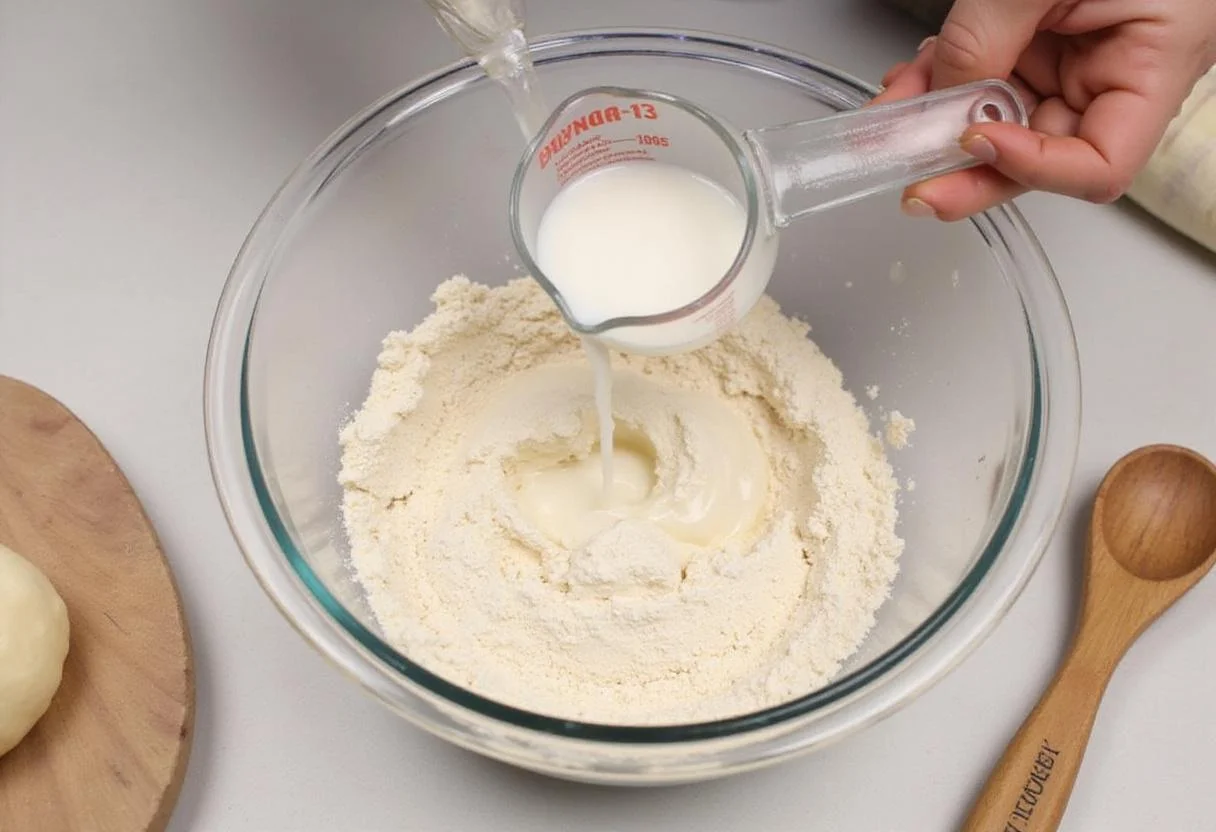Mixing the ingredients for authentic Italian pizza dough from DeLallo pizza dough kit - flour and yeast in a bowl.