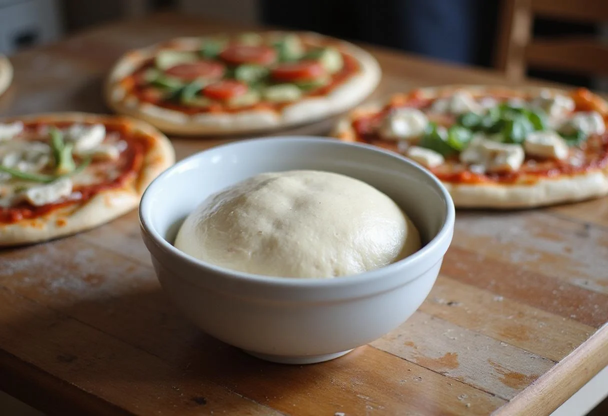 Rising pizza dough from DeLallo kit covered in a bowl, prepared for making authentic Italian pizza.