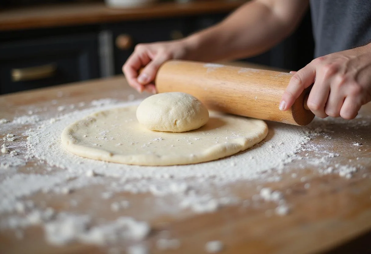 Shaping the pizza dough from DeLallo kit into a thin base for authentic Italian pizza.