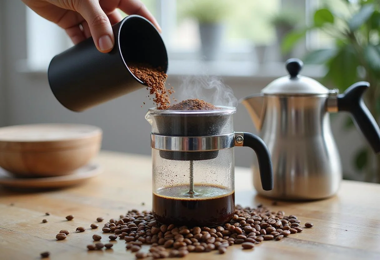 Freshly ground coffee beans for Ground Control Coffee being prepared in a French press, showcasing the aroma and essence of a perfect brew.