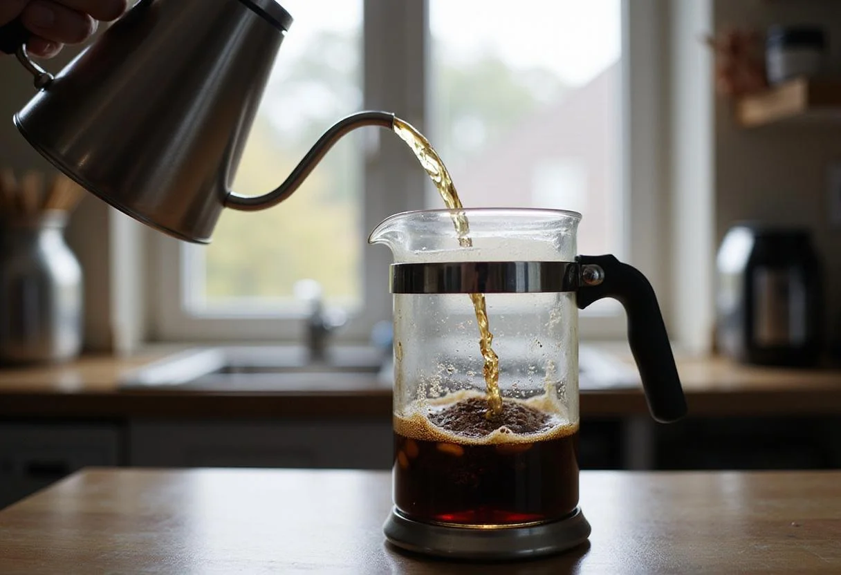 Pouring hot water into a French press for Ground Control Coffee preparation, demonstrating the infusion of flavors and the art of brewing coffee.