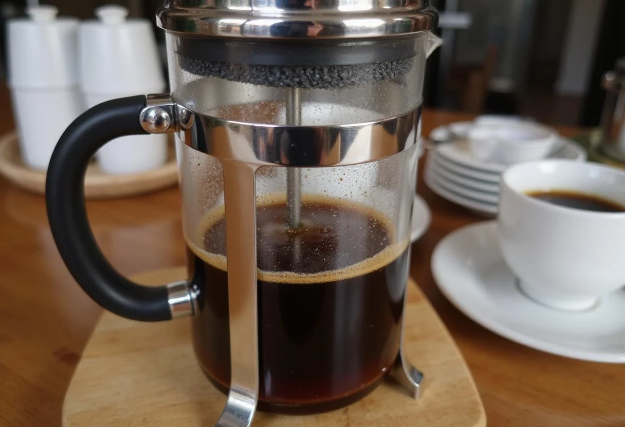 Pressing the French press for Ground Control Coffee, illustrating the final steps before serving a rich and flavorful brew.