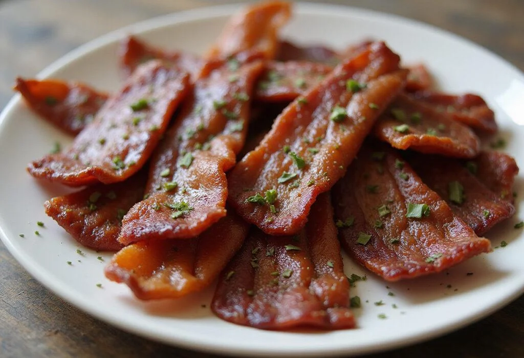 Delicious homemade bacon beef jerky presentation, showcasing perfectly seasoned and dried strips, ideal for snacking.