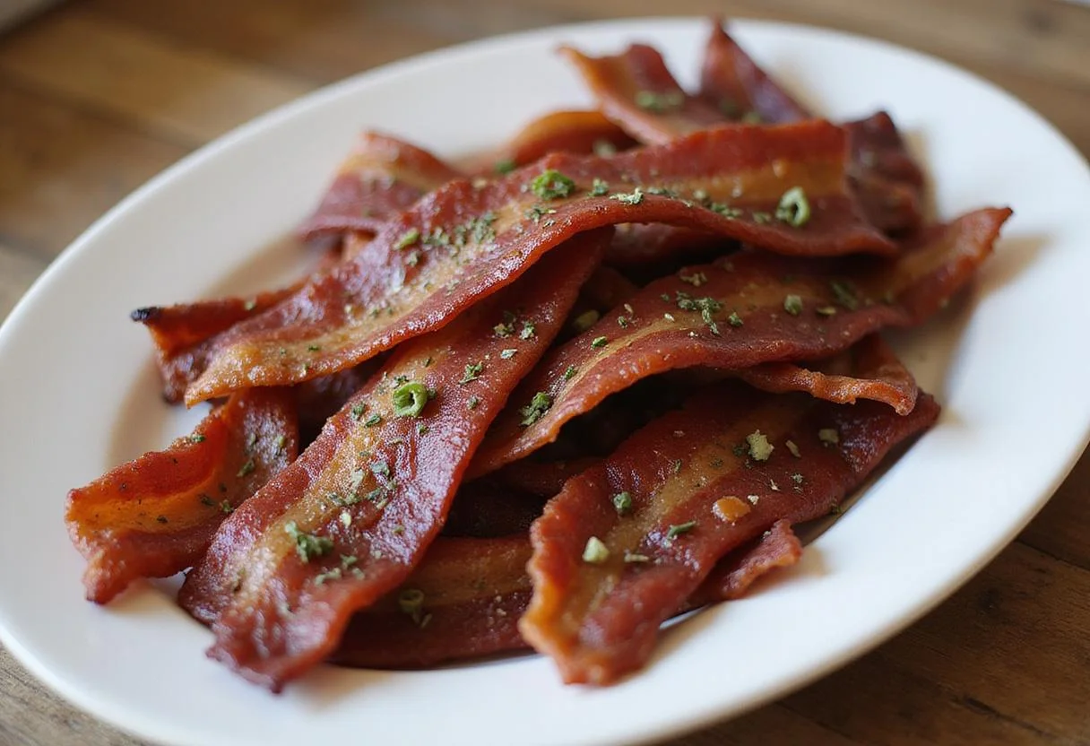 Delicious homemade bacon beef jerky presentation, showcasing perfectly seasoned and dried strips, ideal for snacking.