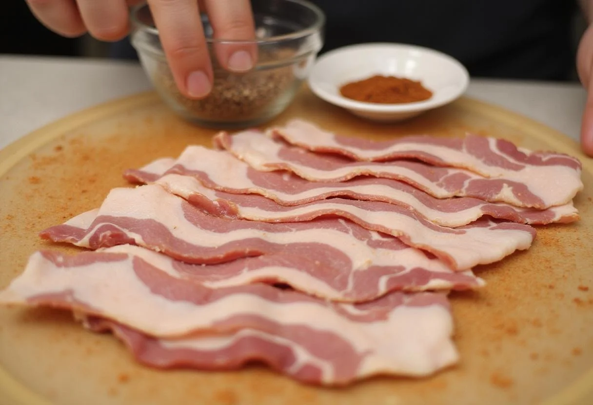 Vibrant bacon beef jerky preparation, showcasing raw bacon strips ready for seasoning and marination.