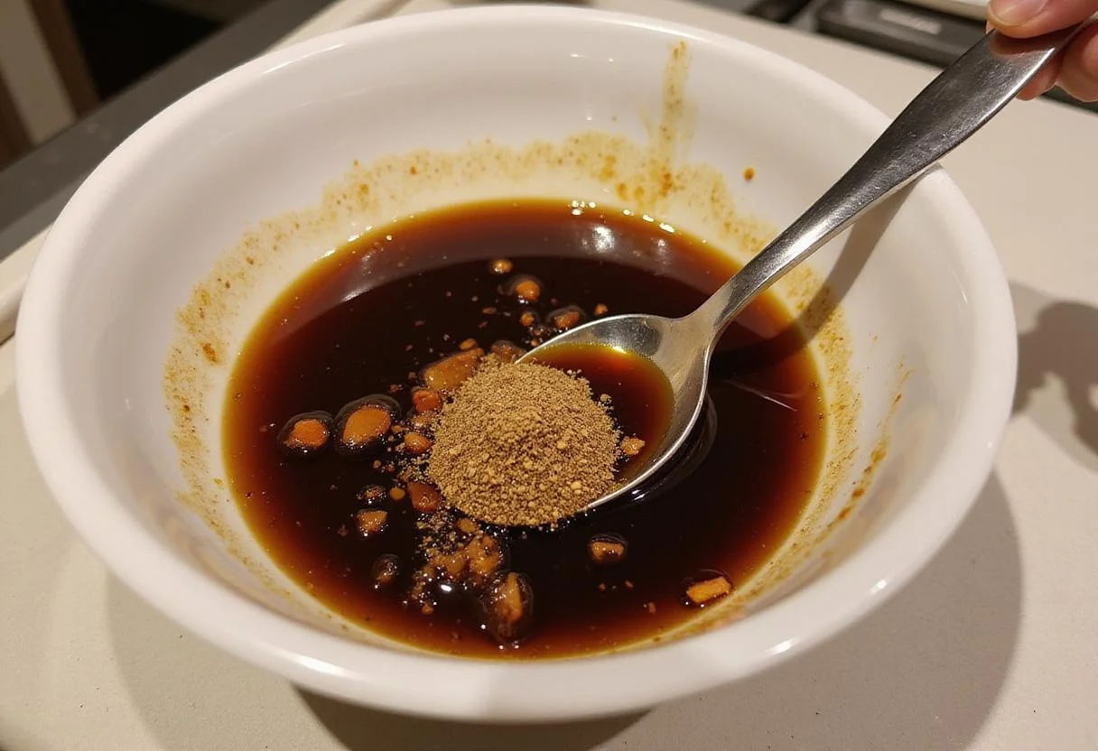 Marinade creation for bacon beef jerky, highlighting flavorful ingredients mixed together for perfect seasoning.