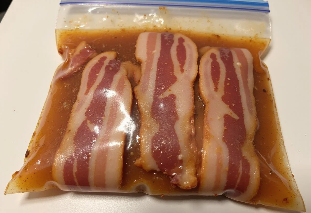 Marinating bacon for beef jerky in a ziplock bag, ensuring full flavor infusion for a delicious outcome.