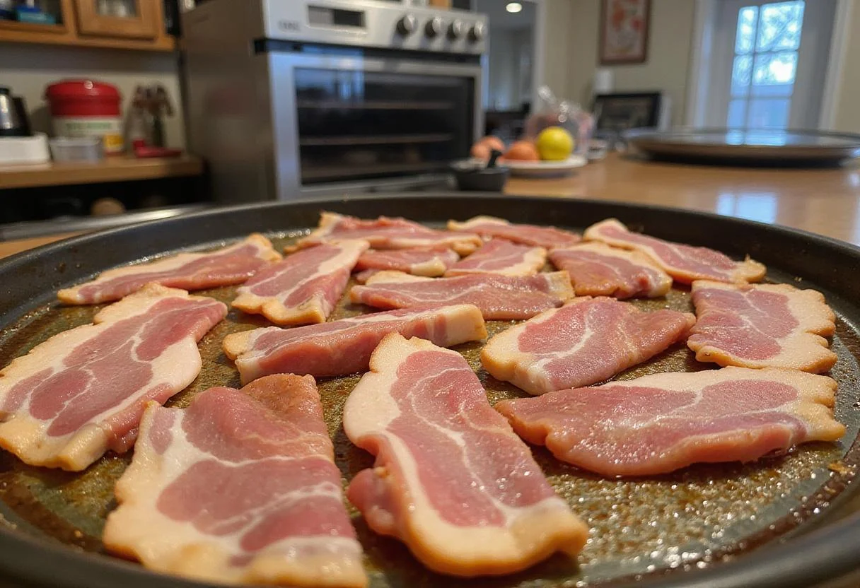 Drying bacon beef jerky slices on a dehydrator tray, essential step for achieving that perfect jerky texture.