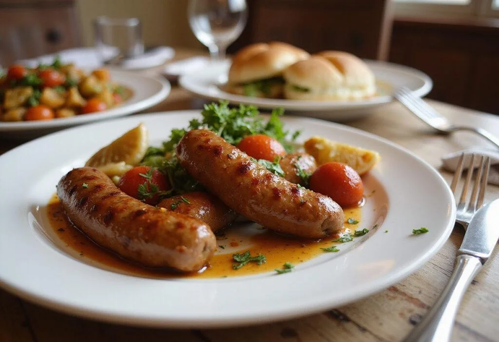 Deliciously plated beef sausage links served with sautéed vegetables, showcasing a mouthwatering presentation for a hearty meal.