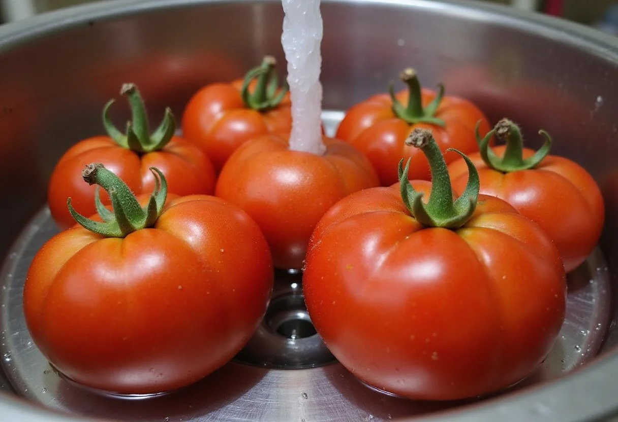 Fresh Big Boy tomatoes being washed, emphasizing their juicy texture ideal for making delicious tomato dishes.