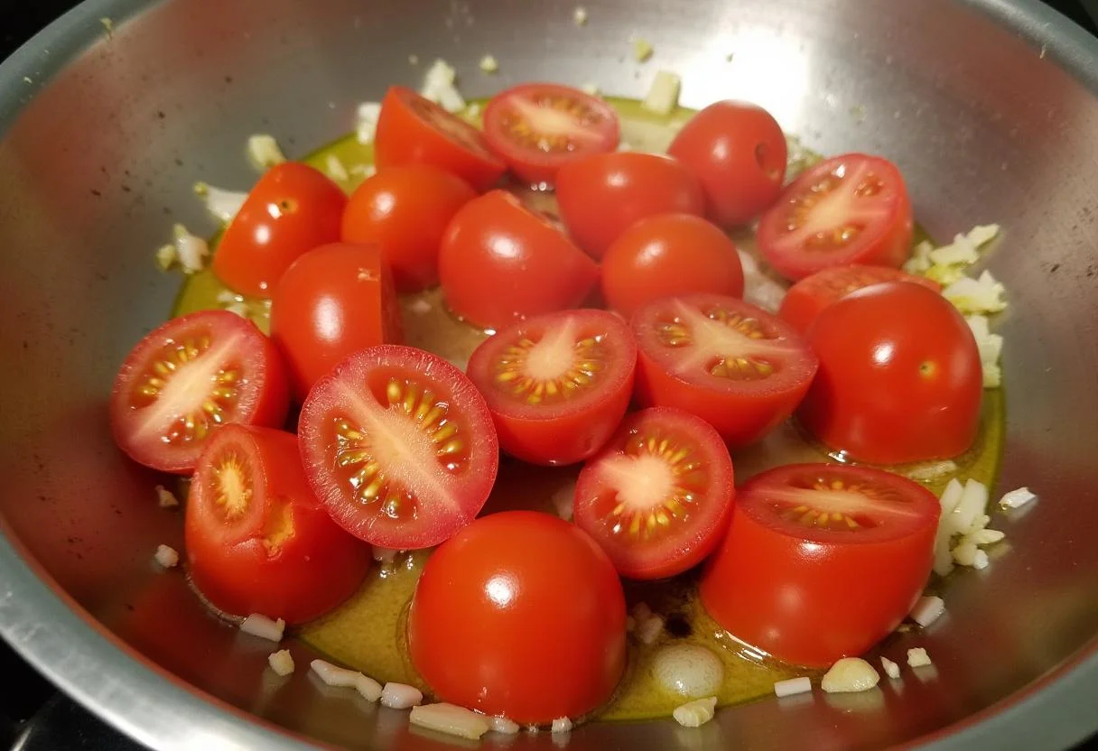 Sautéing chopped Big Boy tomatoes with garlic and onions, highlighting the rich flavors combining in a skillet.