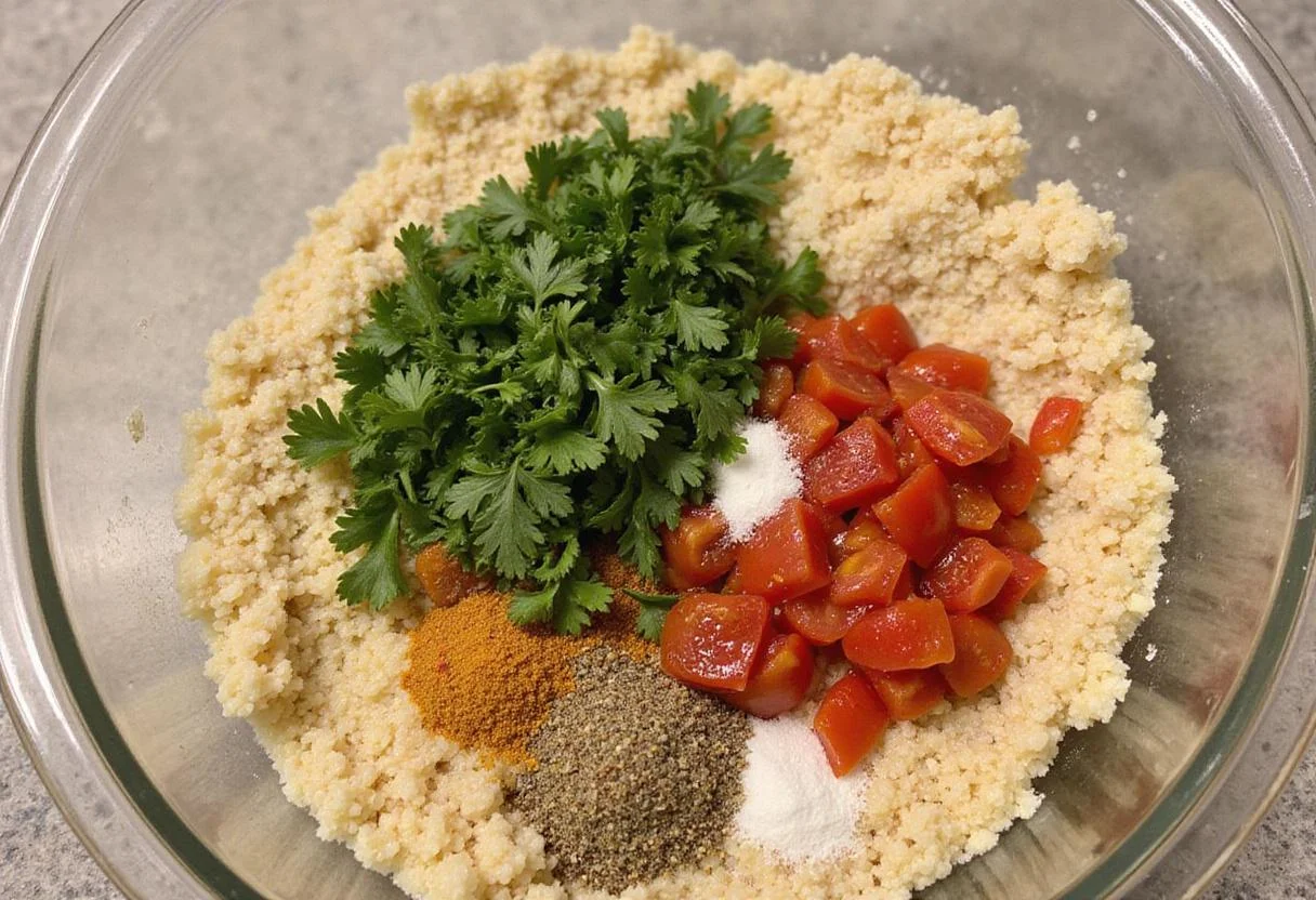 Mixing cooked quinoa with sautéed Big Boy tomatoes and herbs, preparing a nutritious and tasty Big Boy tomato treat.