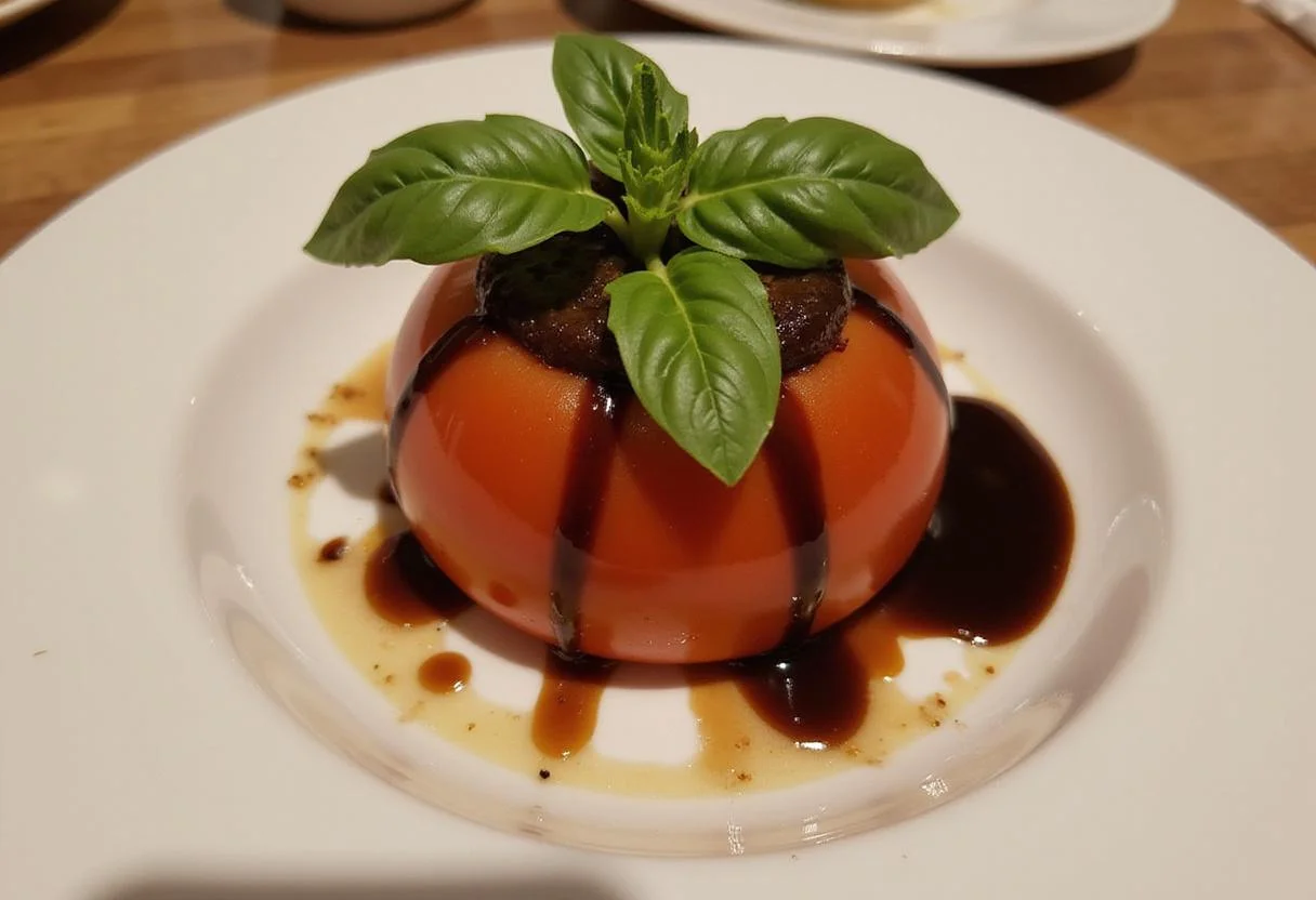 Beautifully plated Big Boy tomato treat with basil garnish and balsamic glaze, showcasing an appetizing final dish.