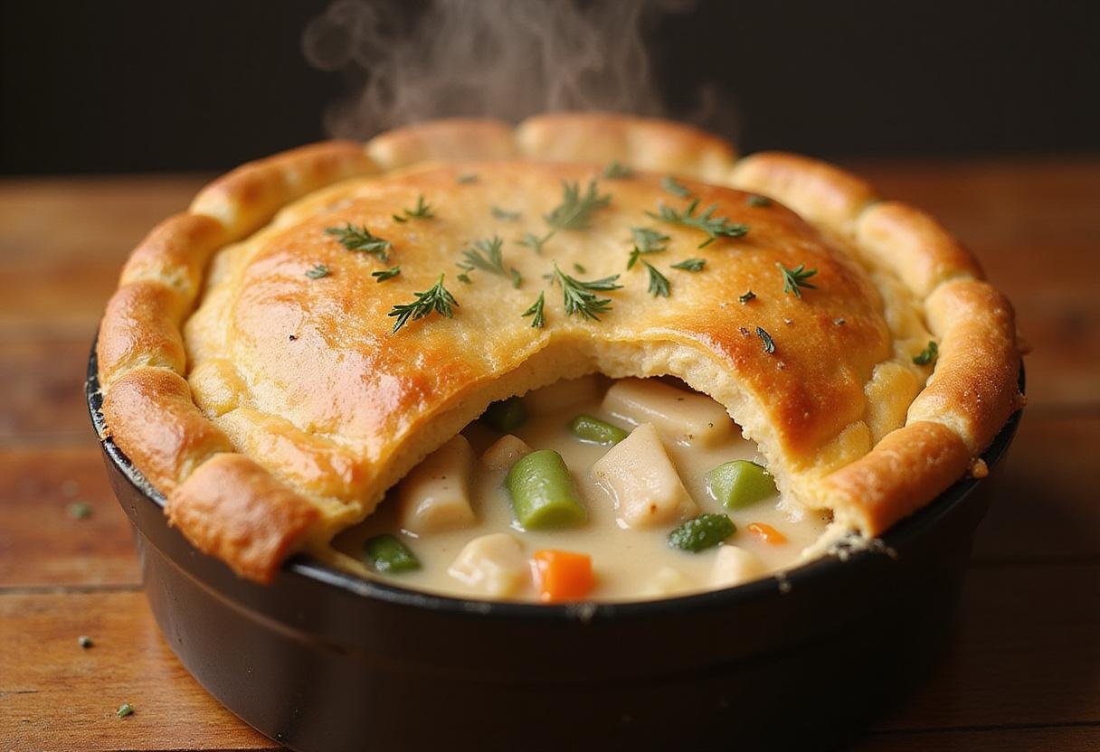 Beautifully baked Blake's all natural frozen chicken pot pie, showcasing a golden crust and aromatic steam rising, perfect for a comforting meal.