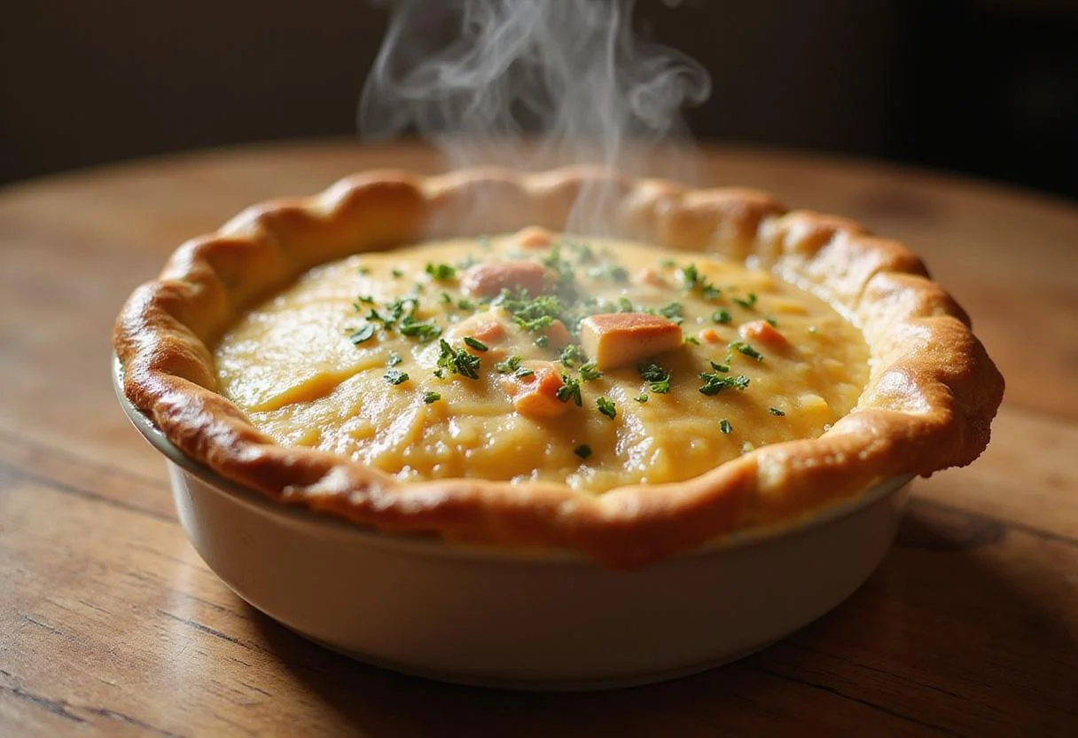 Beautifully baked Blake's all natural frozen chicken pot pie, showcasing a golden crust and aromatic steam rising, perfect for a comforting meal.