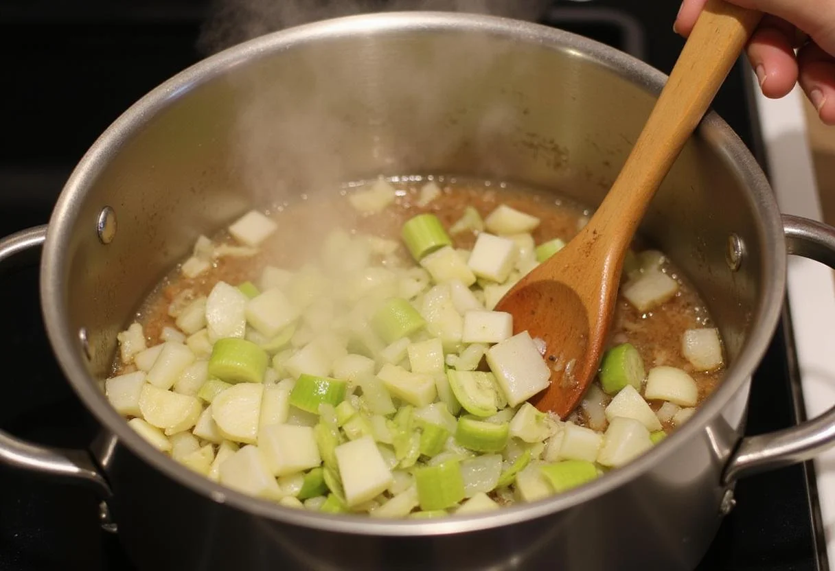Sautéing onions and celery for Blake's all natural frozen chicken pot pie, creating a flavorful base.