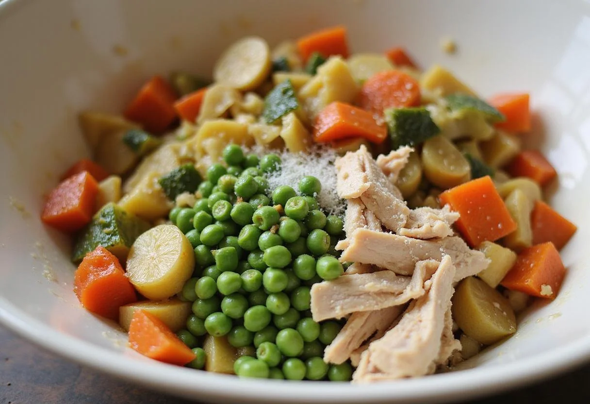 Combining sautéed vegetables, shredded chicken, and peas for Blake's all natural frozen chicken pot pie, preparing the filling.