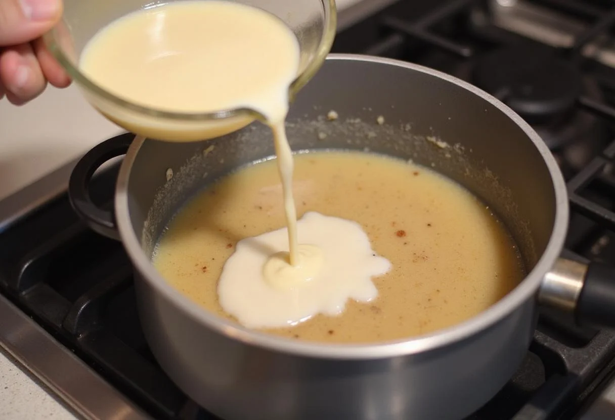 Making a creamy broth for Blake's all natural frozen chicken pot pie, essential for a delicious filling.
