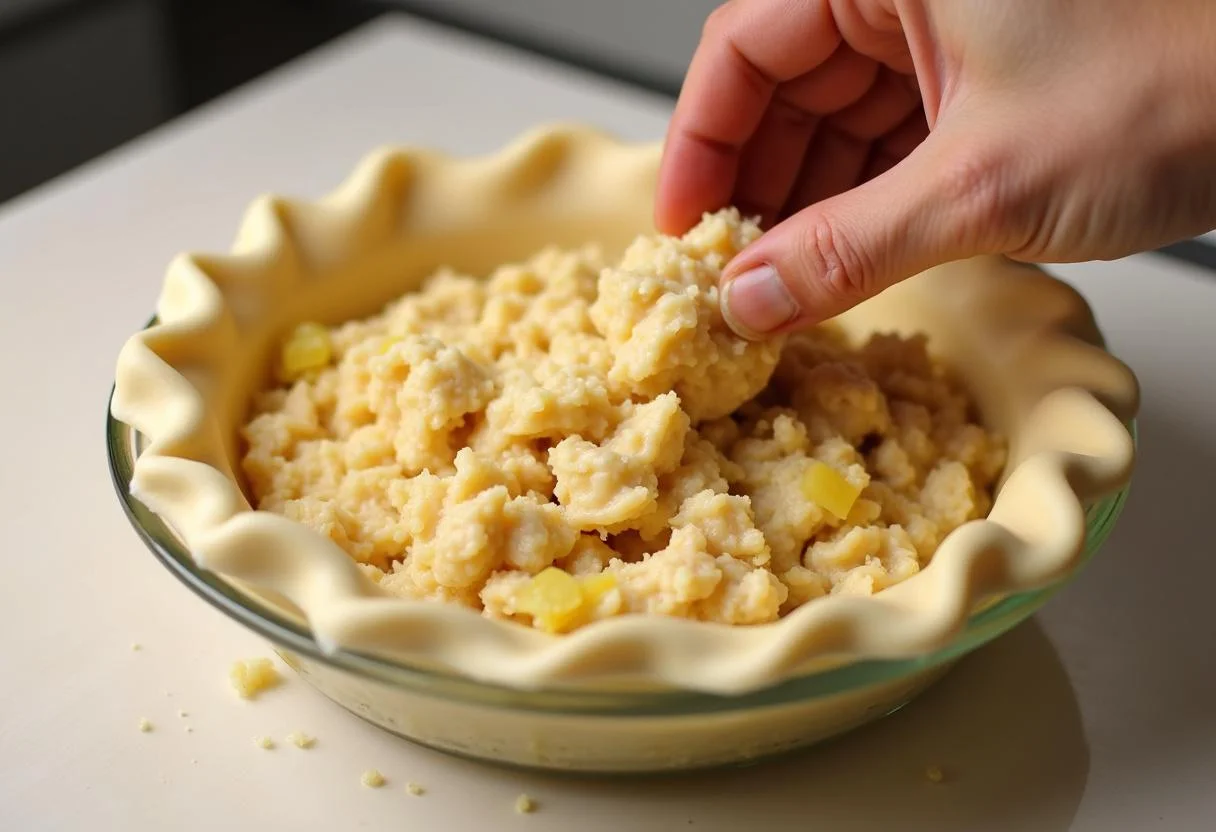 Assembling Blake's all natural frozen chicken pot pie by adding filling to a pastry crust, ready for baking.